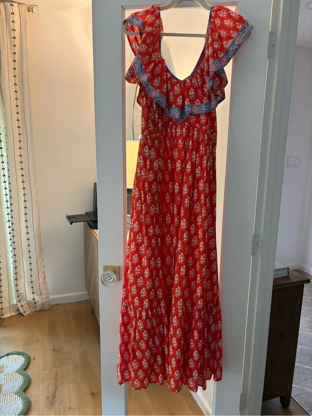 J. Crew Orange Floral Ruffle-Trim Maxi Dress with Blue Accents
